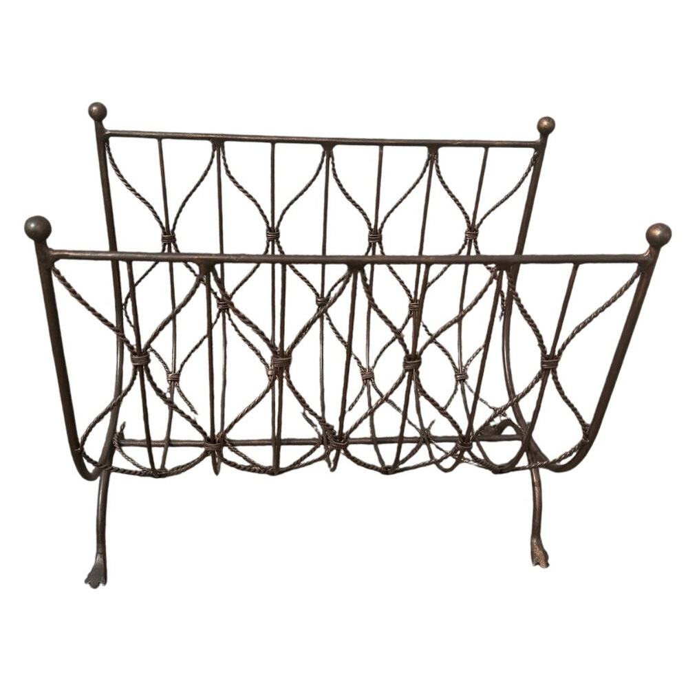 Vintage Bronze Wire Magazine Wood Rack Holder Mid Century Modern Metal 17x11